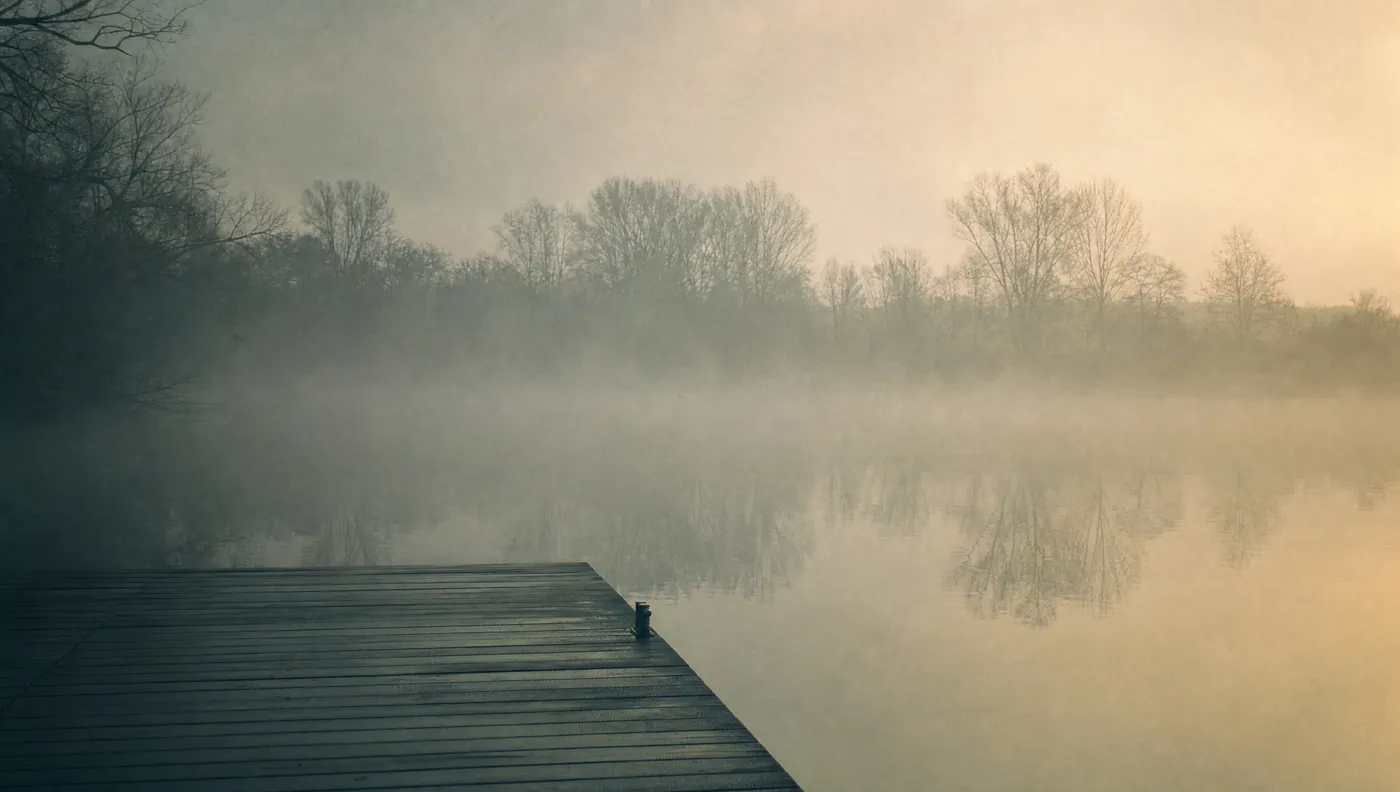 Der Aasee im Morgennebel mit einem hölzernen Steg.