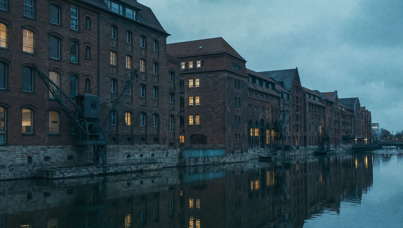 Backsteinspeicher am Stadthafen von Münster, gespiegelt im Hafenbecken.