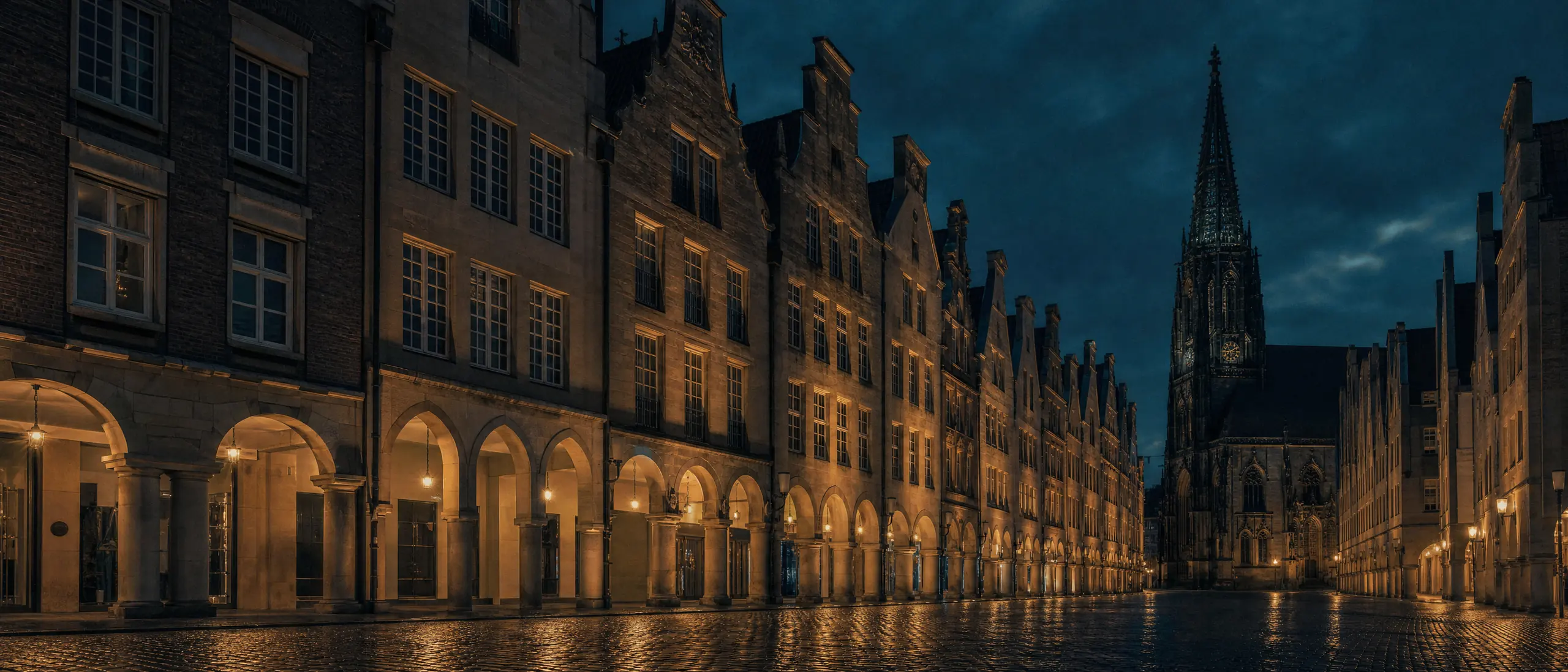 Der Prinzipalmarkt in Münster zur blauen Stunde: die Reihe der Giebelhäuser über den Arkaden, im Hintergrund der Turm von St. Lamberti.
